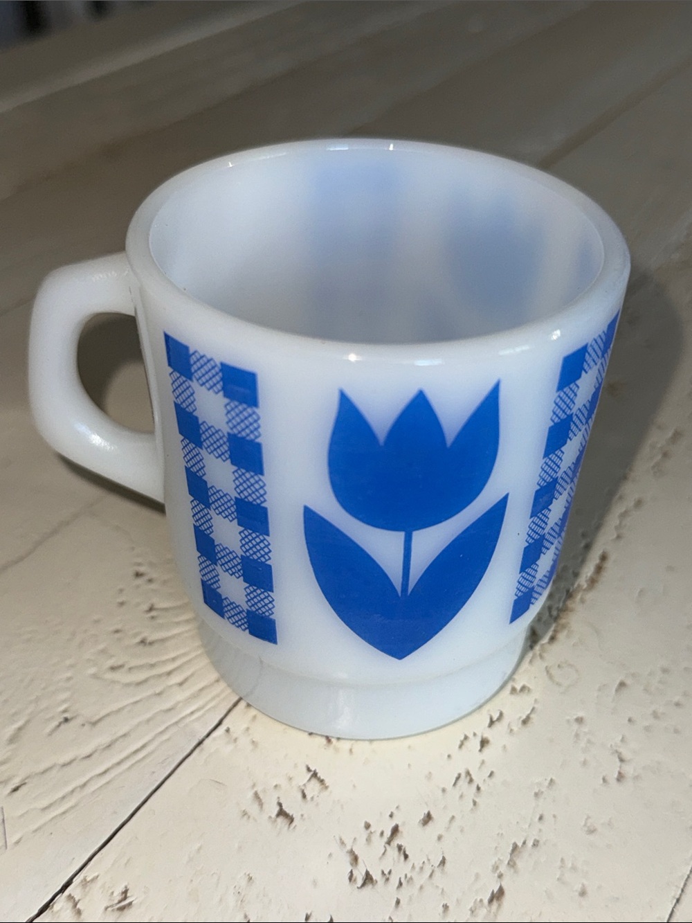 Vintage Termocrisa Mug blue tulip flower White Milk Glass Mug with Blue Tulip